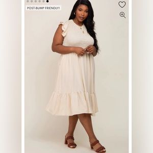 Pinkblush Maternity Beige Smocked Layered Ruffle Flutter Sleeve Plus Midi Dress